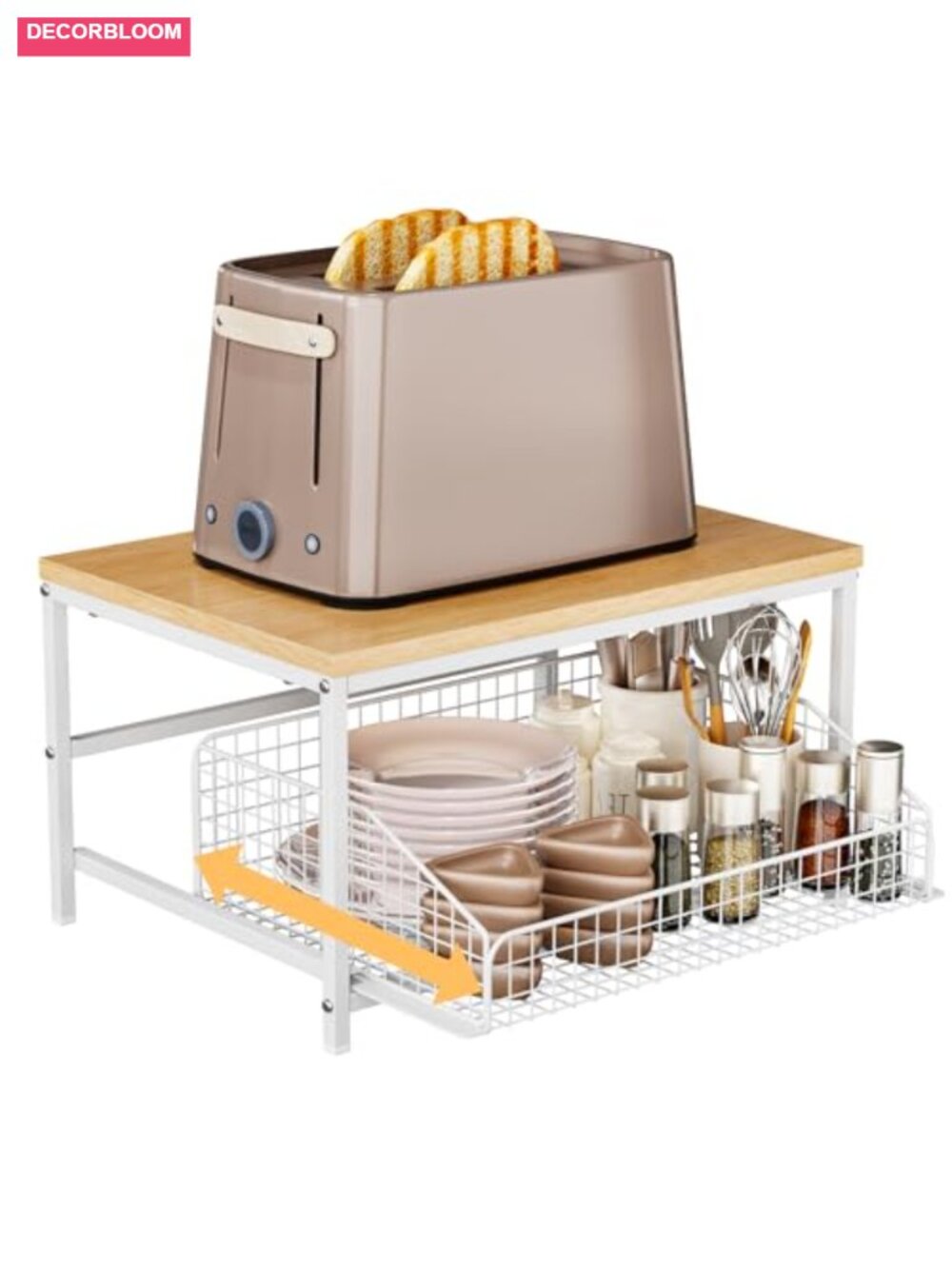 Pull Out Spice Rack Organizer Wood Top Wire Basket Kitchen Countertop Storage